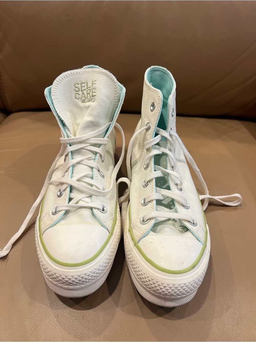 Self Care Club White High-Top Sneakers with Mint Trim